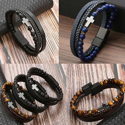 Miniatura 5 de Cross Bracelet Obsidian Bracelet Mens Leather Cuff Bracelet, Christian Gift, Healing Crystal Anxiety Relief Stress Bracelet (21cm8.27in,