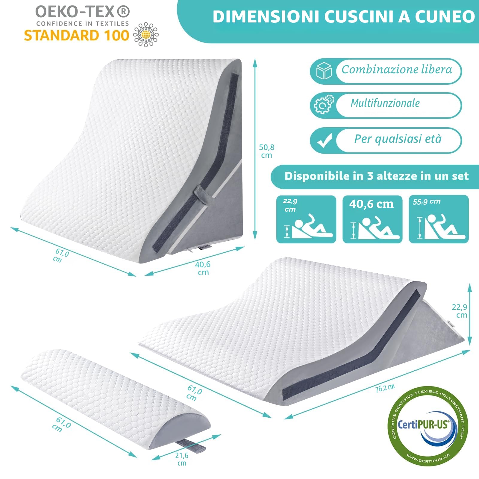Cuscino a cuneo per dormire, set di cuscini ortopedici a cuneo 15 in 1, 3 pezzi, in memory foam, regolabili, post chirurgia, altezza 22,9 e 40,6 e 50,8 cm, 3 in 1 cuscini inclinati (set da 3 pezzi)