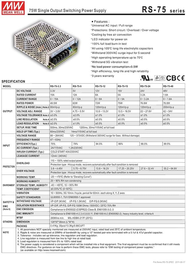 [PowerNex] Mean Well RS-75-12 30 PCS/Box Single Output Switching Power Supply