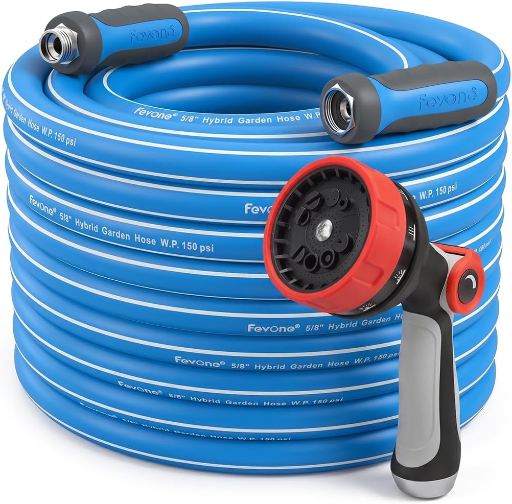 Fevone Water Hose 35 ft, Flexible Garden Hose, No Kinking, 5/8 Inner Diameter Hose, 3/4 Aluminum Fittings with Swivel Handles, Spray Nozzle Included