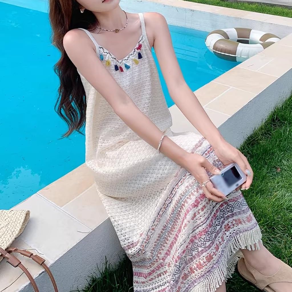 Abito Lungo con Spalline A Frange in Stile Bohémien, Abito da Spiaggia Estivo Etnico da Donna, Abiti da Vacanza