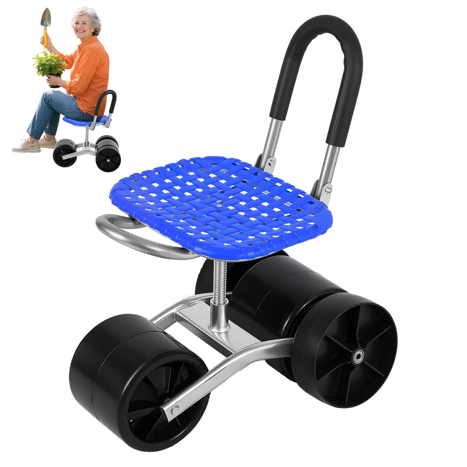 cadciehe 3-Wheel Rolling Garden Stool with 360° Swivel Seat, Portable Gardening Cart with Adjustable Height & Backrest, Heavy Duty 330 lbs Capacity for Weeding, Planting, Yard Work Blue