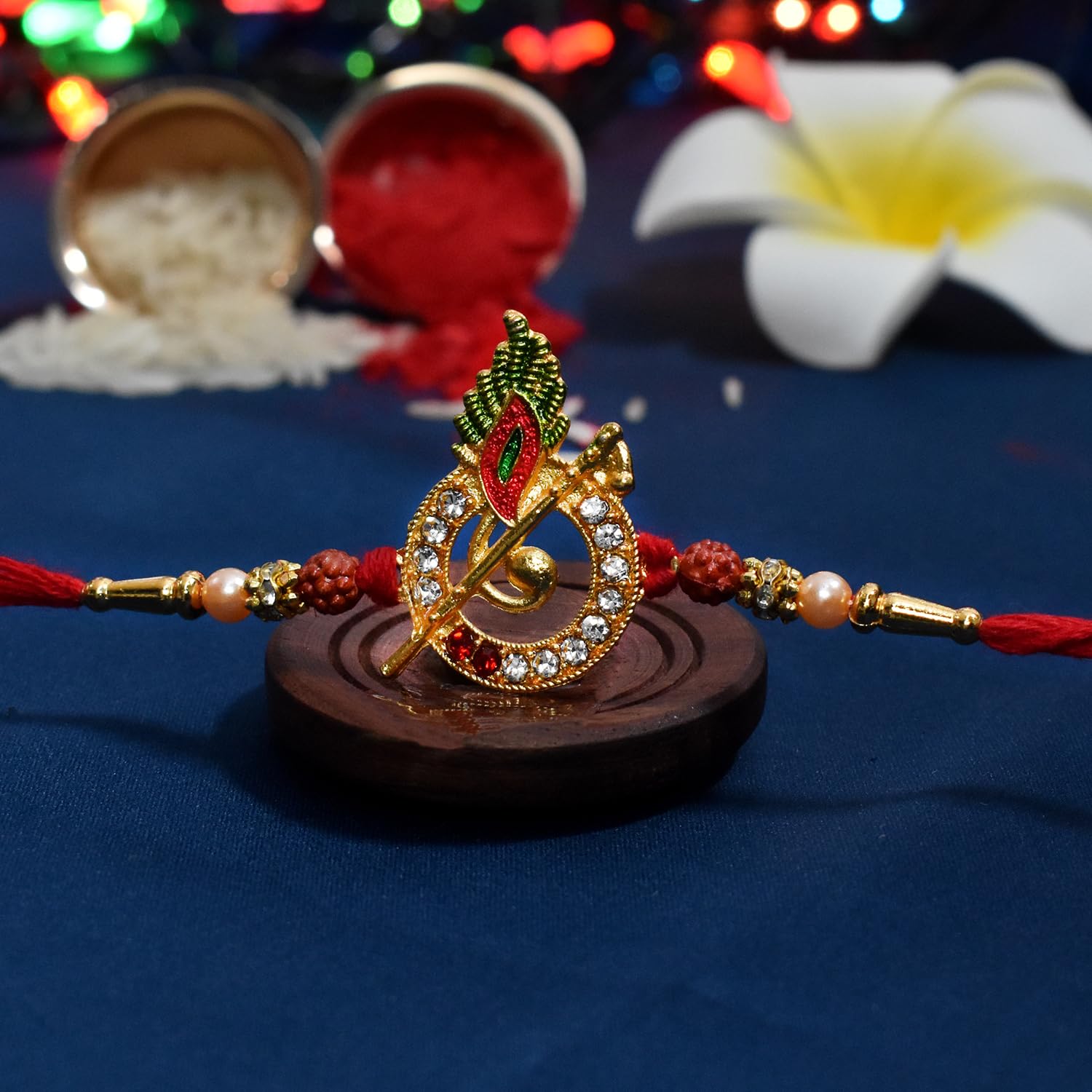 Oblivion Murli Flute Rakhi Set for Brother with Peacock Feather Detail, Heart Shaped Chocolate 32 g, Silver Colour Pooja Coin, Roli and Chawal and Greeting Card 1