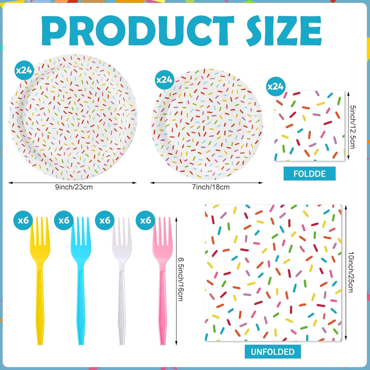 Newtay 96 Pcs Donut Plates and Napkins Party Supplies Include Sprinkles Paper Plates, 2 Ply Cocktail Napkins, Plastic Forks Disposable Tableware for Baby Shower Birthday Party Decorations for 24 Guest