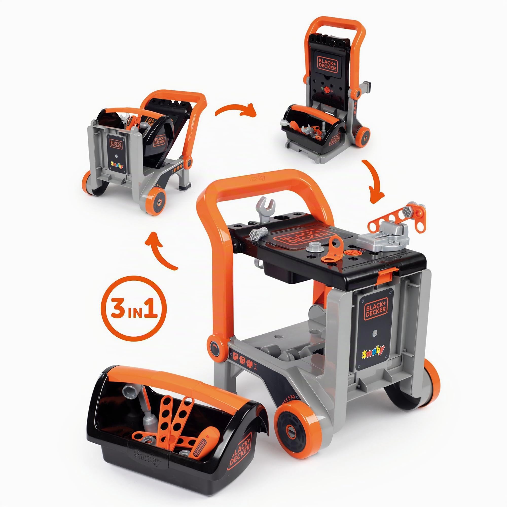 Smoby - Black+Decker - Carrello + Banchetto 3 in 1 - Giocattolo fai da te per bambini - 19 Accessori - 7600360219