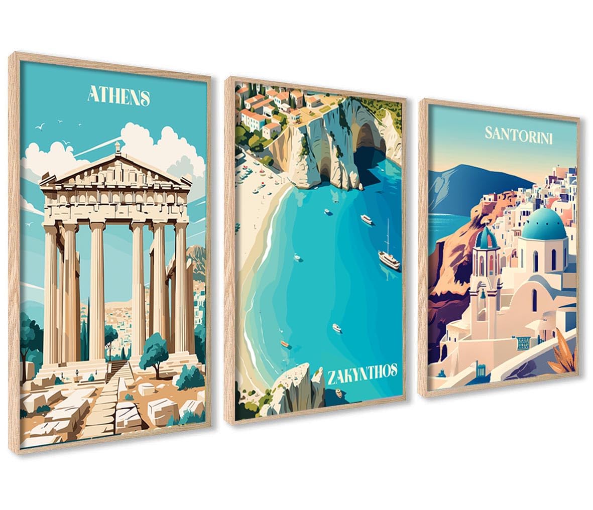 ag.art deco Pictures for Living Room | 50x70 cm Prints for Walls | Canvas Wall Art for Hallway and Stairs | Room Decor | Unframed Posters | Set of 3 Artwork (Vacaciones en Grecia) â image 1