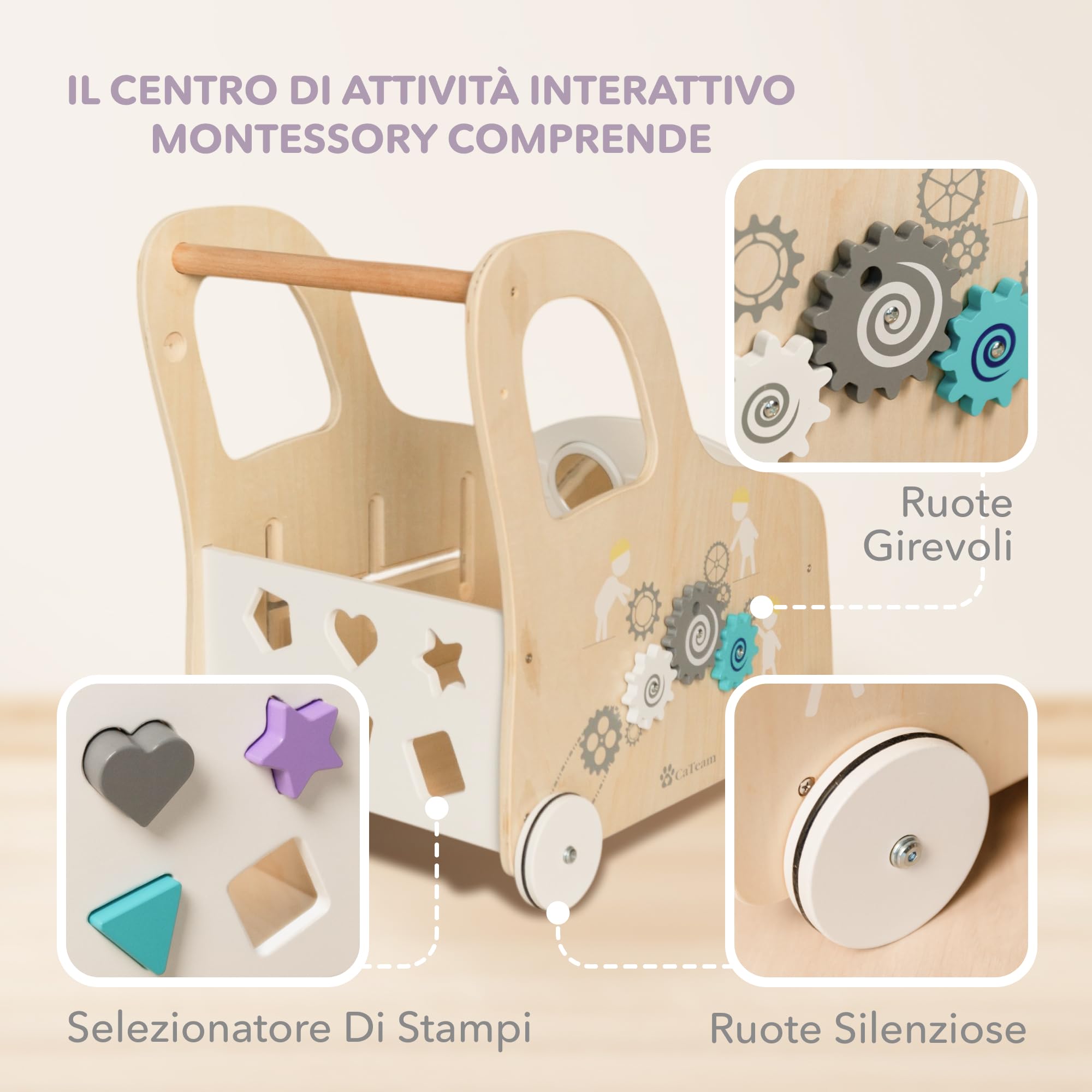 Girello Cateam per Bambini di Legno con ruote, Carrello Primi Passi Legno con 5 Giochi Interattivi e Cesto portaoggetti per giocattoli, Baby Walker Regalo per Bambini e Bambine 1 Anno