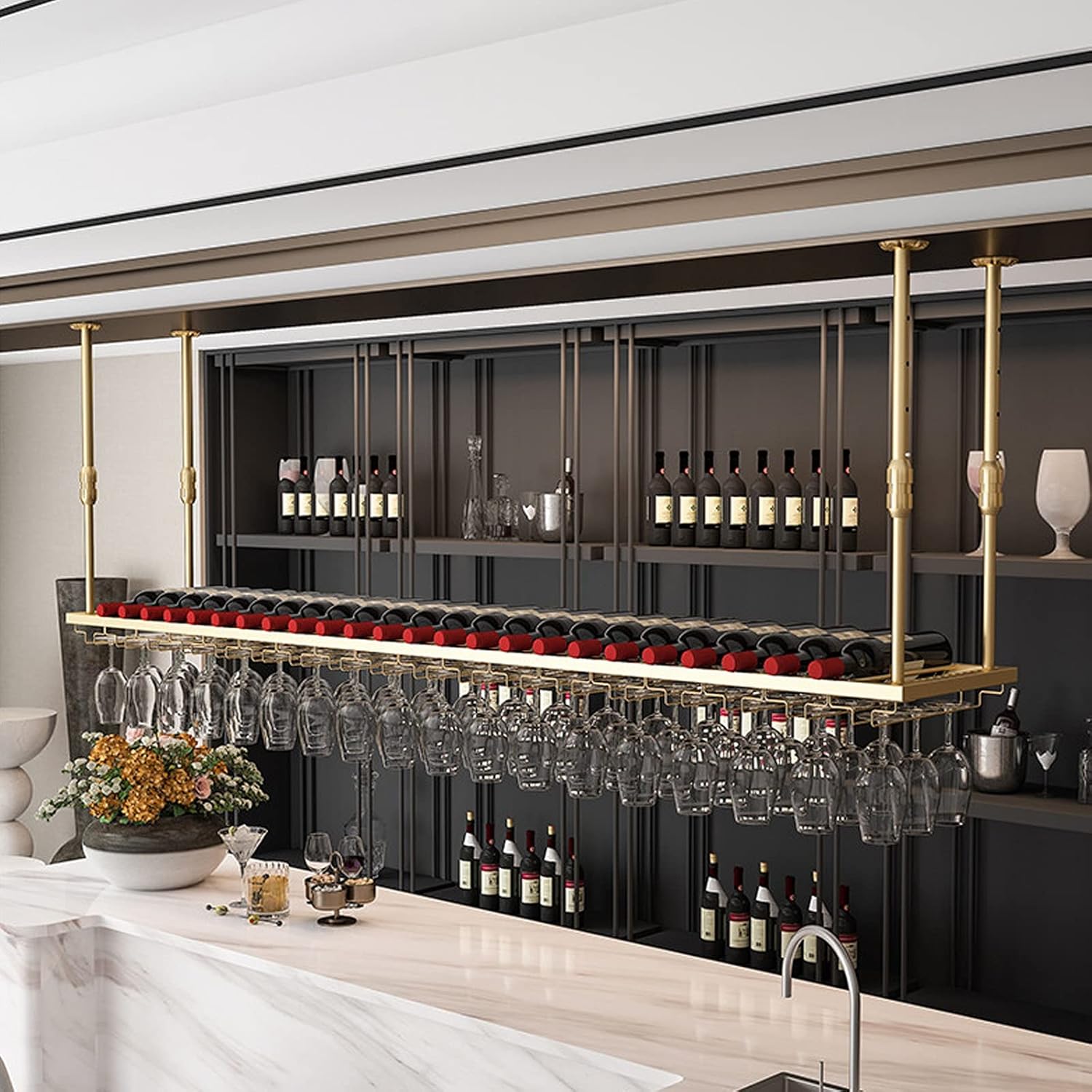 Multi-Function Wine Rack - Adjustable Wine Holder & Stemware nizer, Upside Down Hanging Storage Shelf for Home, Kitchen, and Bar - Perfect Wine Glass Hanger