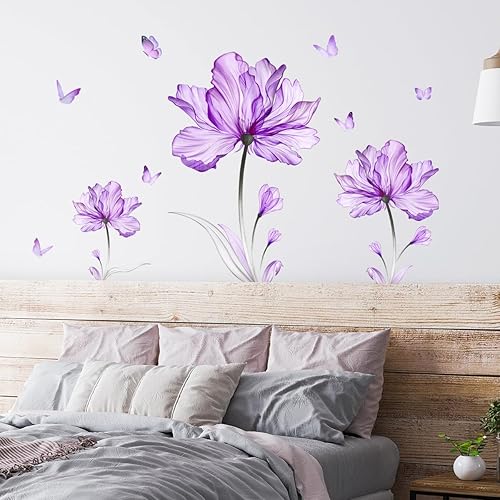 Miniatura 3 de Pegatinas de pared de flores moradas grandes, papel tapiz de mariposa, sala de estar, dormitorio, fondo de TV, decoración del hogar