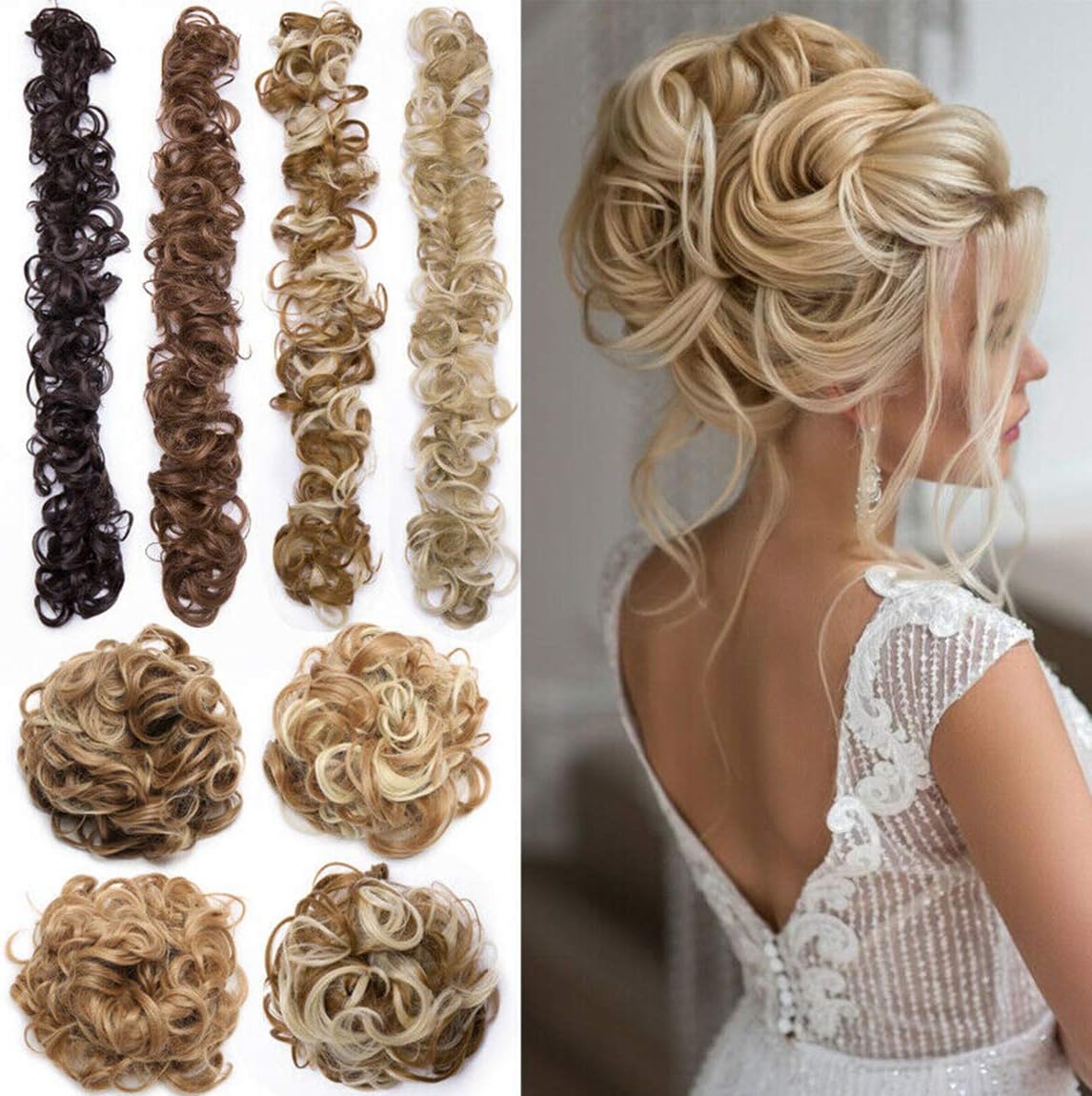 Scrunchy Hair Extension Updo Clip in Bun Donut Hairpiece Drawstring Wrap Around Hair Extension Messy Wavy Curly Chignons Wig Medium Brown