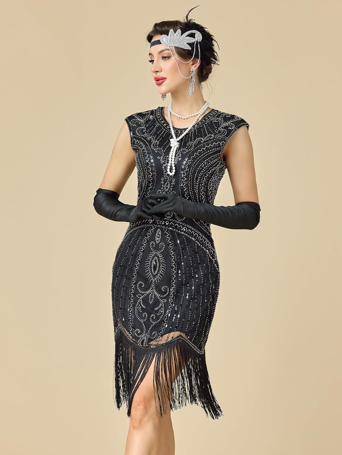 Women's Flapper Dresses 1920s for Women Great Gatsby Sequin Fringed Roaring 20s Cocktail Dress with Accessories Set - Image 3