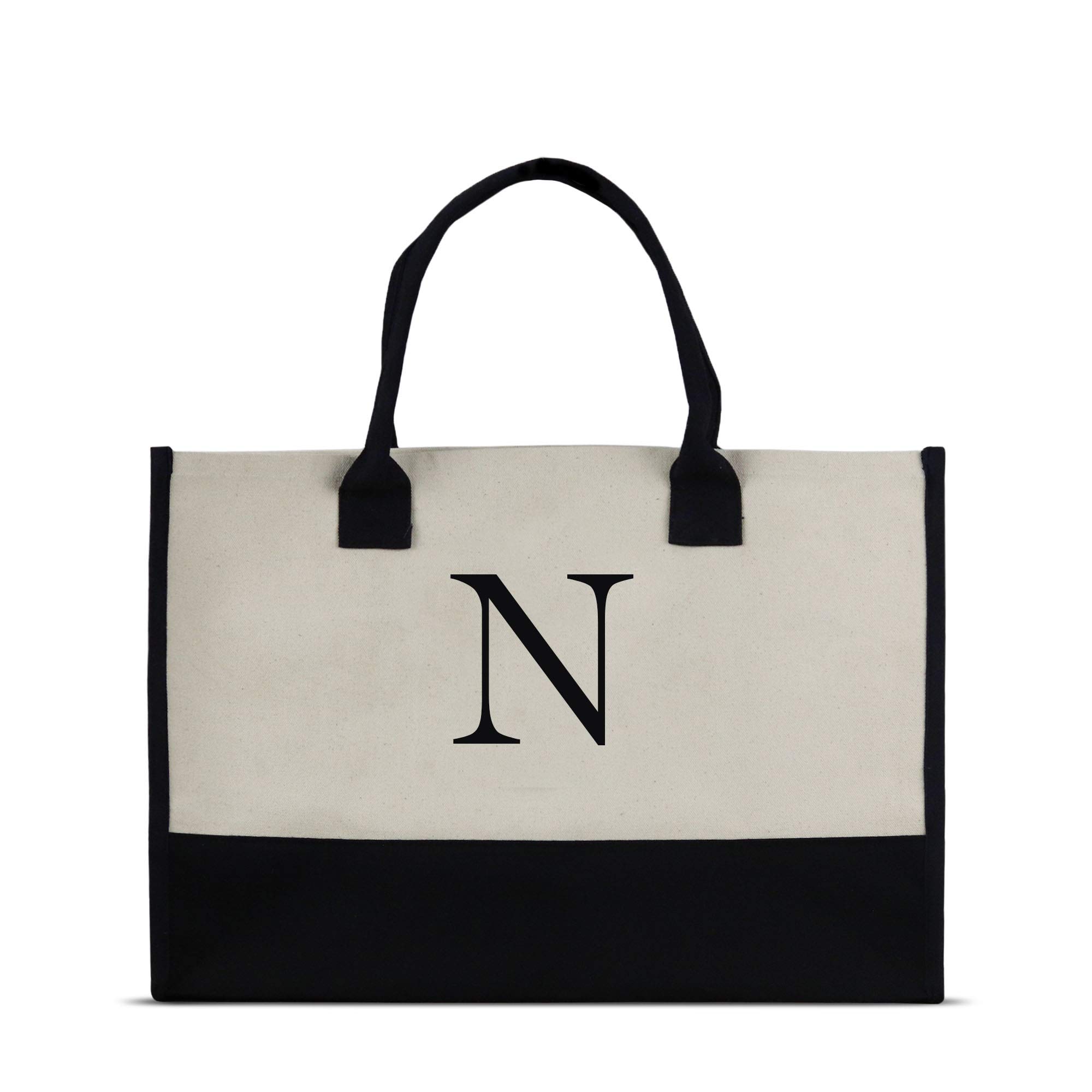 Personalized Gift Monogram Initial 100% Cotton Chic Tote Bag with Customize Option - Black