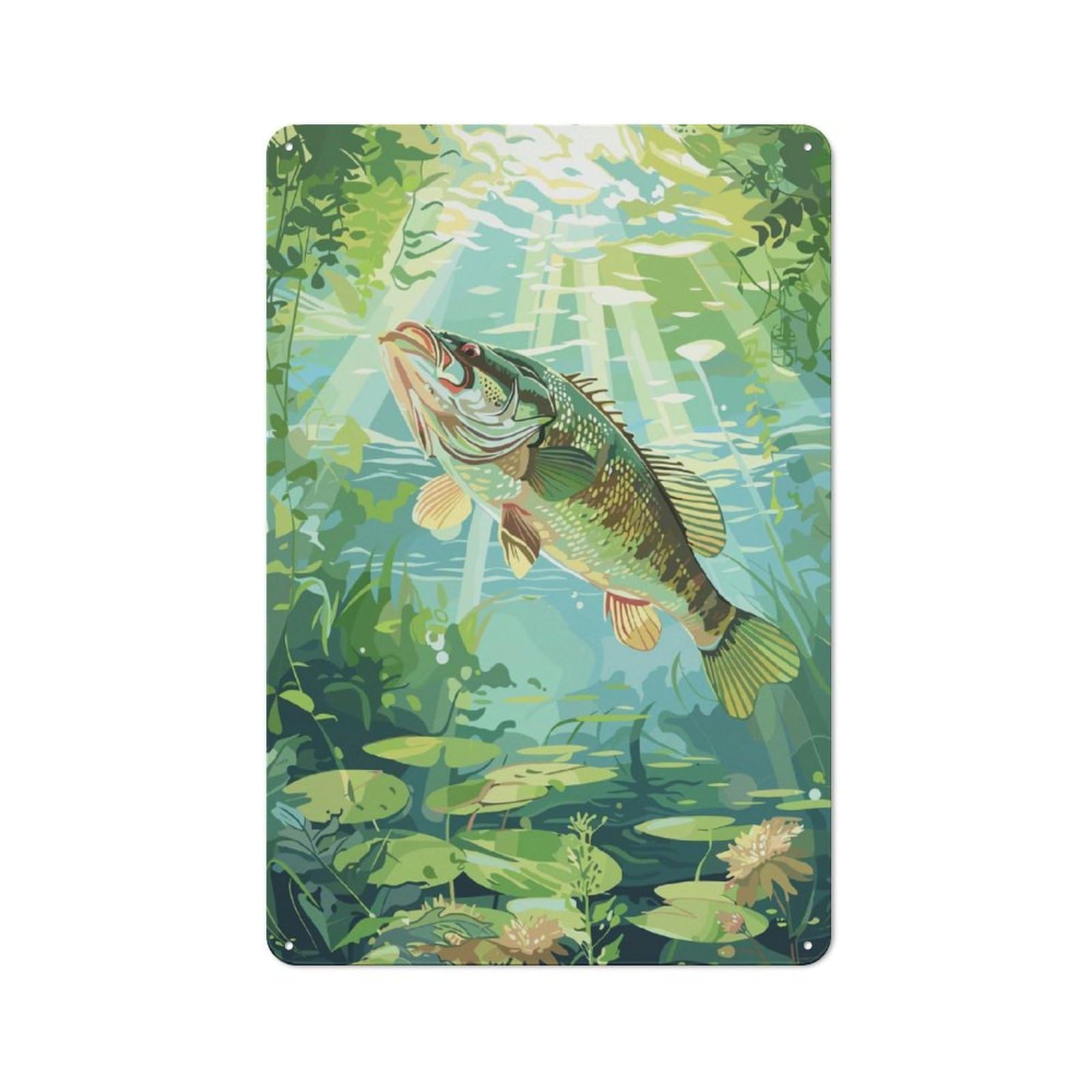 Friendly Cafe Metal Sign 30x20cm Featuring Bass in Underwater Scene, Cafe Wall Decor for Tea Room, Shop Wall Or Breakfast Area