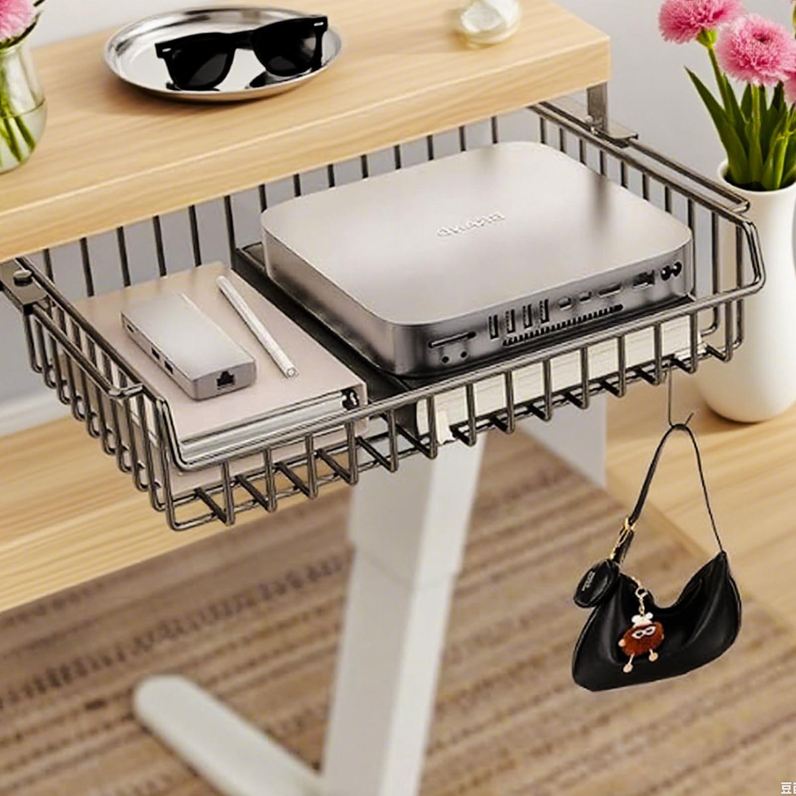 Metallgeflecht Versteckte Schublade, 37x25x11CM Große Kapazität Organizer, Metall unter Tisch Schubladenbox für Büro zu Hause Schule, Schwarz