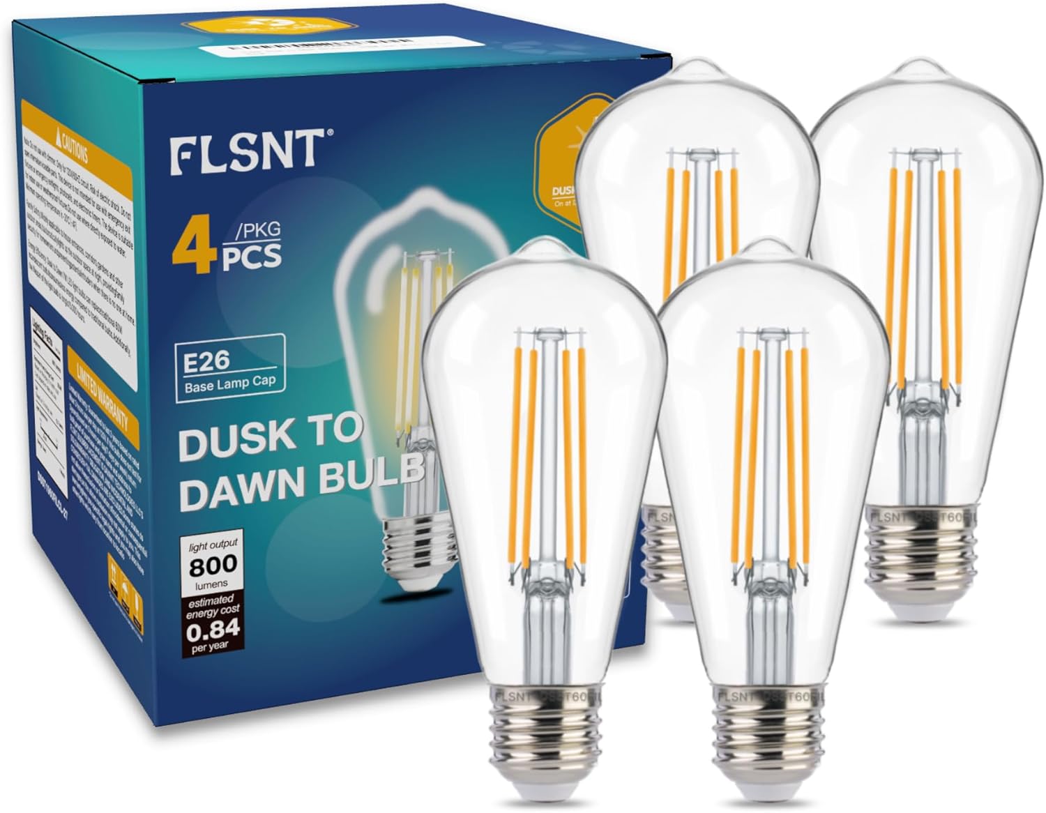 FLSNT Dusk to Dawn Outdoor Sensor ST19 LED Light Bulb, 7W (60W Eqv.), 800LM,Vintage Filament E26 Base, Auto On/Off Photocell Automatic for Energy-Efficient Outdoor Lighting, 2700K Soft White, 4 Pack