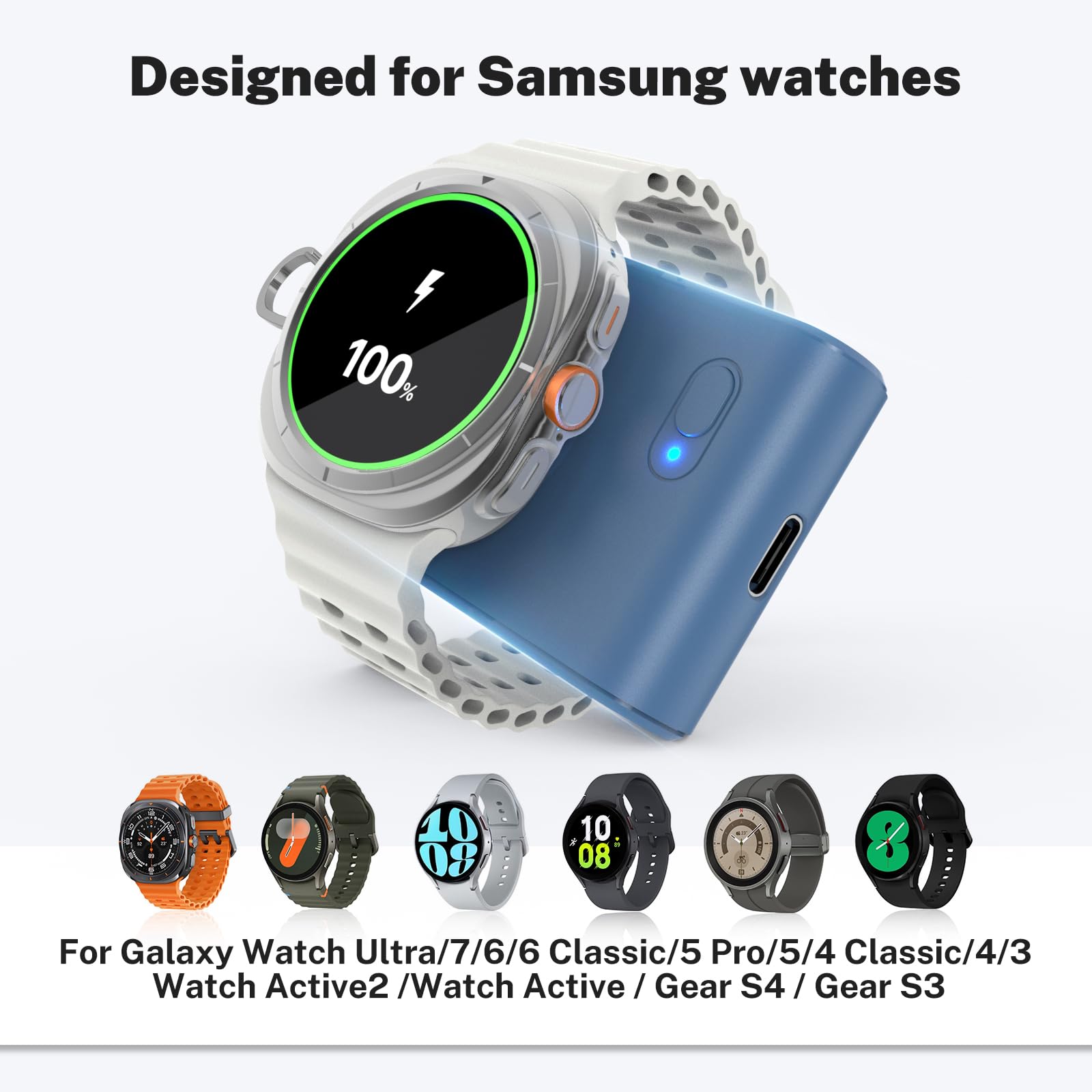 Watch Charger for Galaxy Watch 7 Ultra, 2000mAh 2-in-1 Portable Charger for Samsung Galaxy Watch 7/Ultra/6/6 Classic/5/5 Pro/4/3/Active 2, for Samsung Gear S3/Sport Watch Charger with Keychain(Blue)