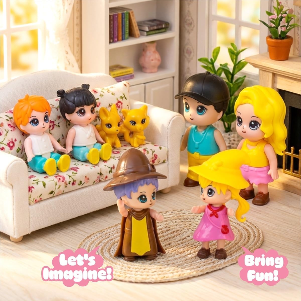 FUNERICA Dollhouse Family Figures & Pets – Poseable Family Dolls Set – Miniature Dollhouse People - Compatible Doll House Accessories for 1:12 & 1:24 Wooden & Plastic Dollhouses + Bonus Figures