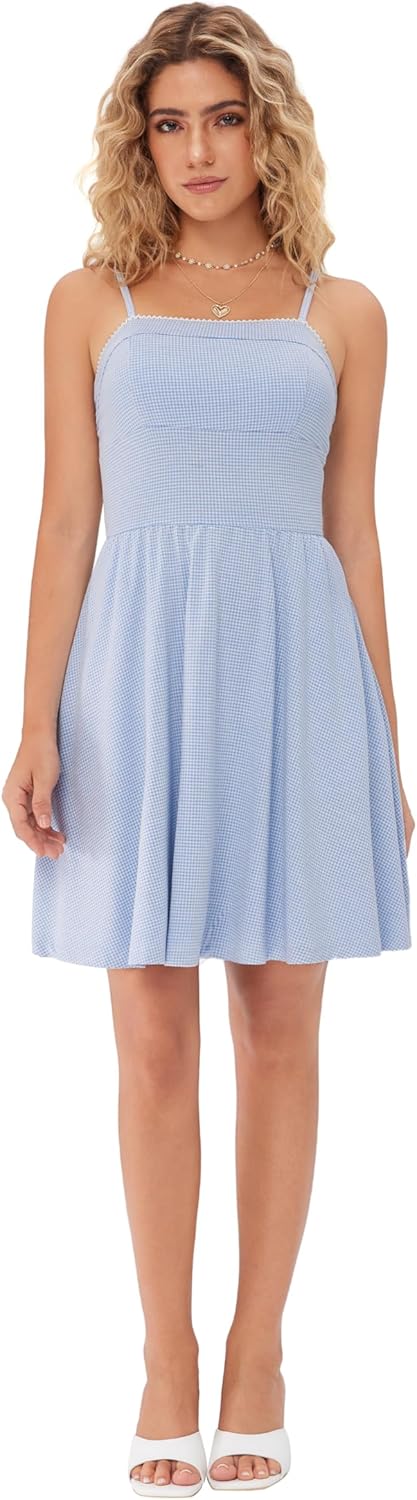 CIDER Women's Mini Gingham Dress Sleeveless Spaghetti Strap Knit Sundress with Pockets Summer Flowy Dresses Lounge - Image 2