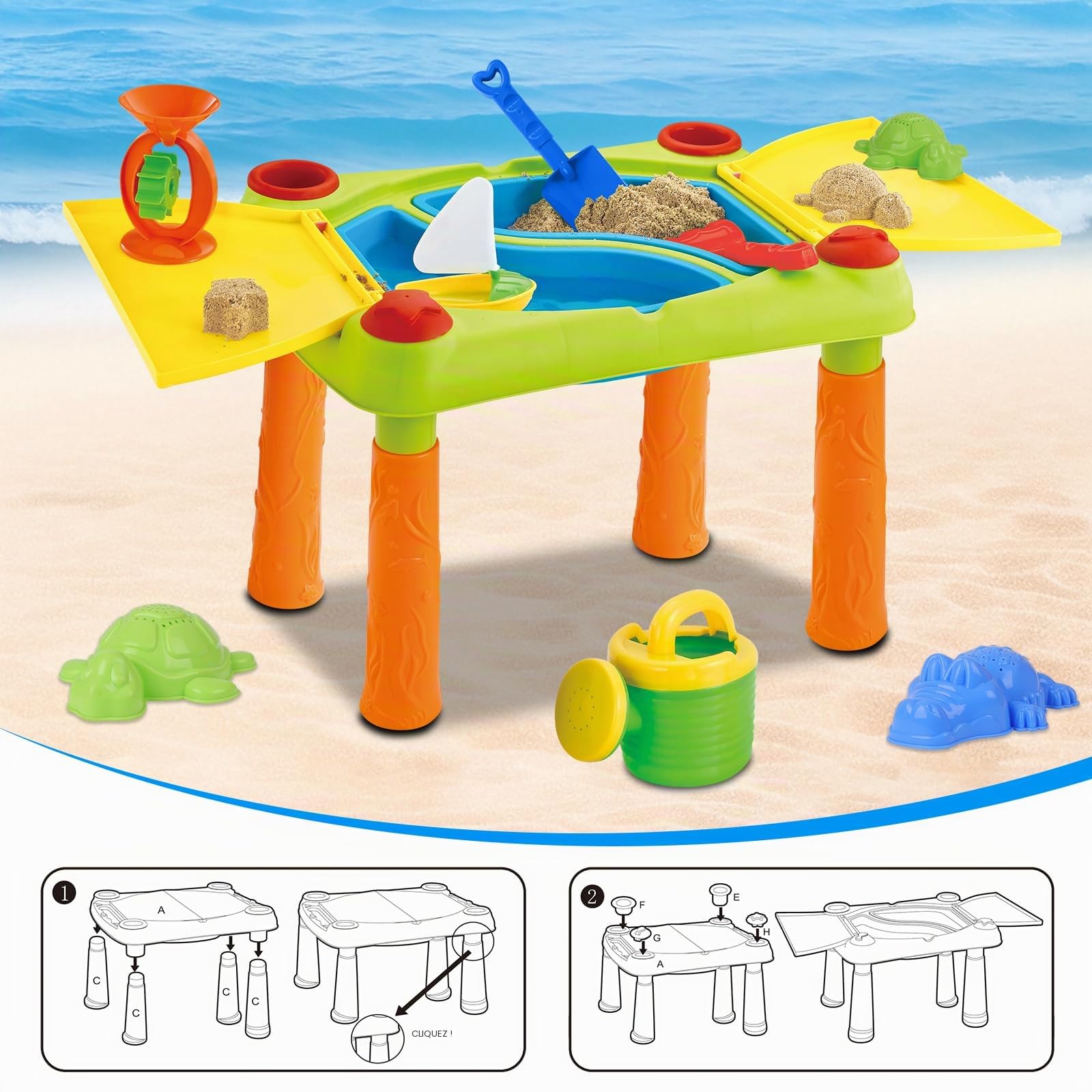deAO 2-en-1 Table Sable et Eau pour Enfants - Grande Table d'Activité Sensorielle Extérieur avec Double Compartiment, couvercles et 10 Pièces,Jeu d'Été Cour/Plage/Jouet d'Extérieur