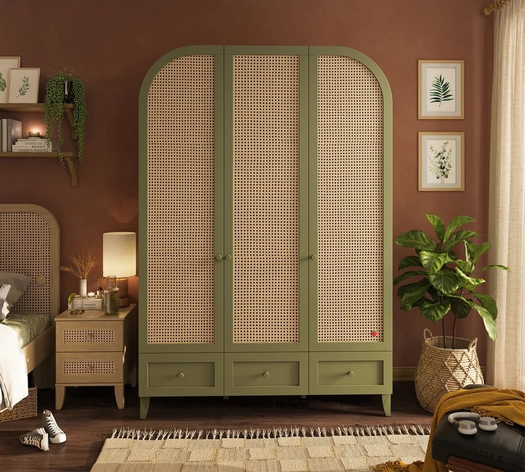 Donne's Home Loof Arc Armadio Camera da Letto 3 Ante Battenti con Ripiani e Cassetti, Guardaroba per Cameretta con Appendiabiti e LED Interno, Chiusura Ammortizzata