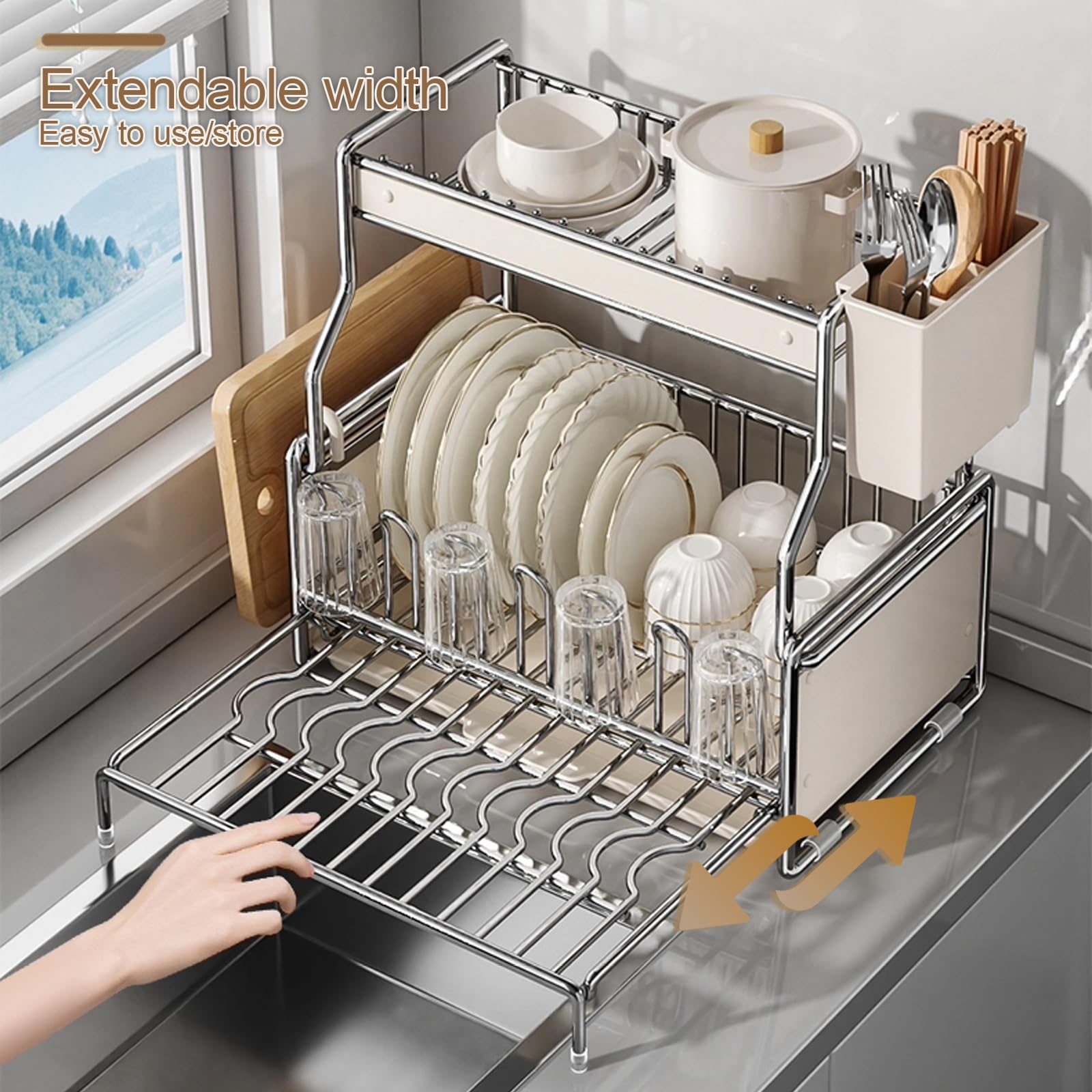 Escurridor de platos extensible, escurridor de platos grande para encimera de cocina, organizador de fregadero con almacenamiento dividido