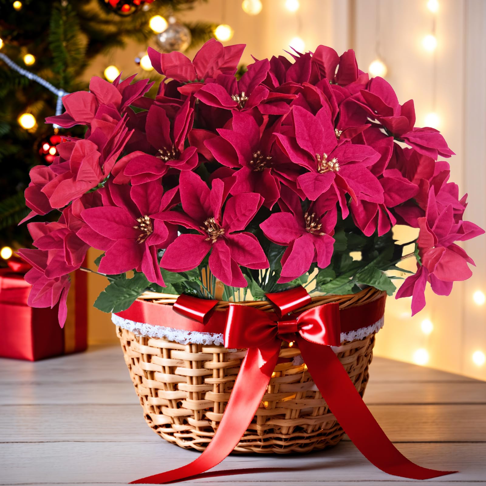 Kinisty Artificial Poinsettia Bushes 5 Pack Fake Flowers Red Faux Christmas Flowers Bouquet 7 Heads - Image 3