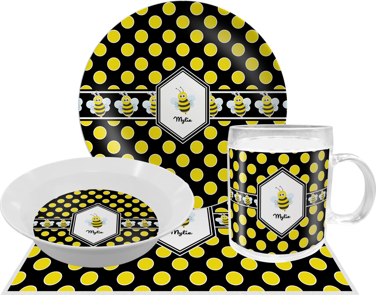 Personalized Bee & Polka Dots Melamine Bowl - 12 oz