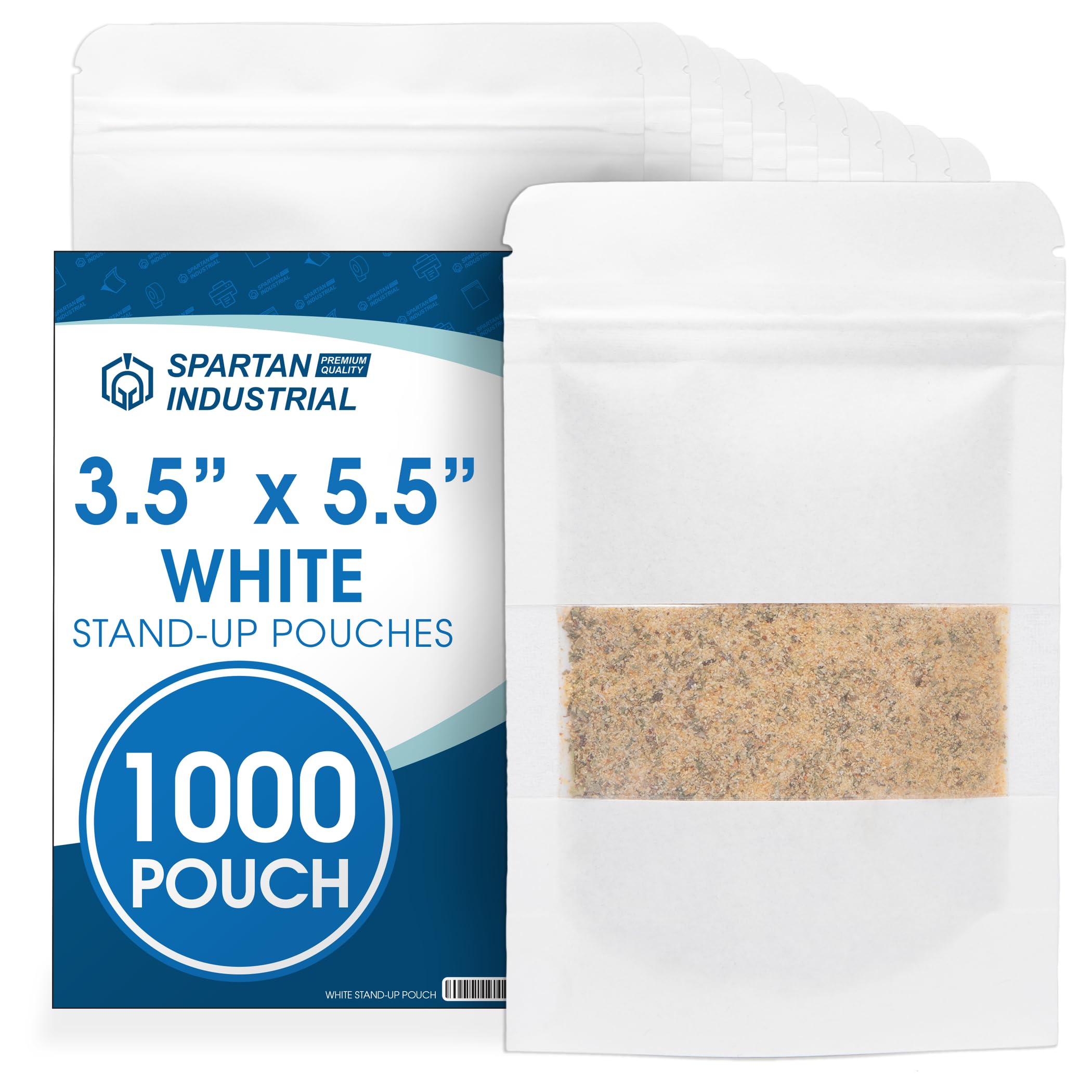 Spartan Industrial - 3.5" X 5.5" White Resealable Stand-Up Pouches - Pack of 1000 Small Smell-Proof Food Pouch Bags for Packaging, Pet Treats,