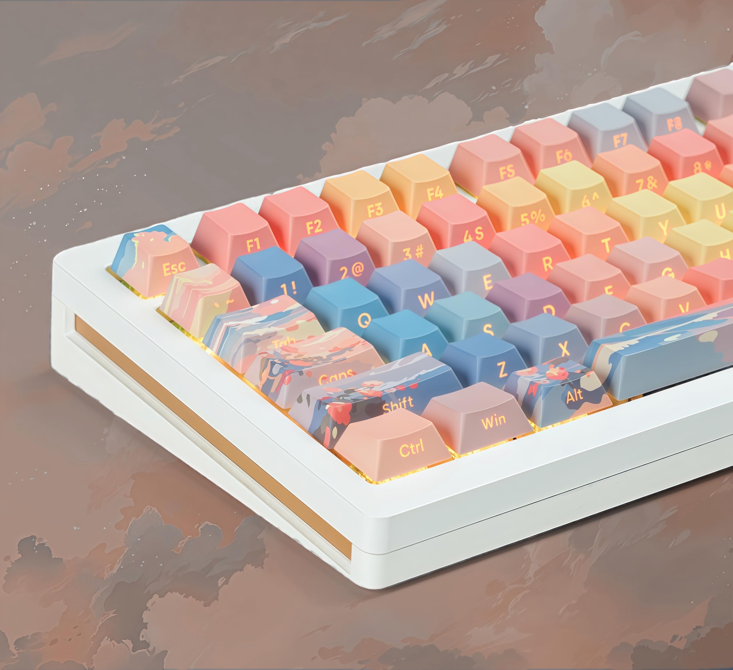 dagaladoo Shine Through keycap Set,Double Shot PBT keycaps 60 75 Percent,dye sub Custom Key caps,Side Printed,Blue/Orange,Cherry Profile Keyboard caps for Machine Keyboard(Sunset)