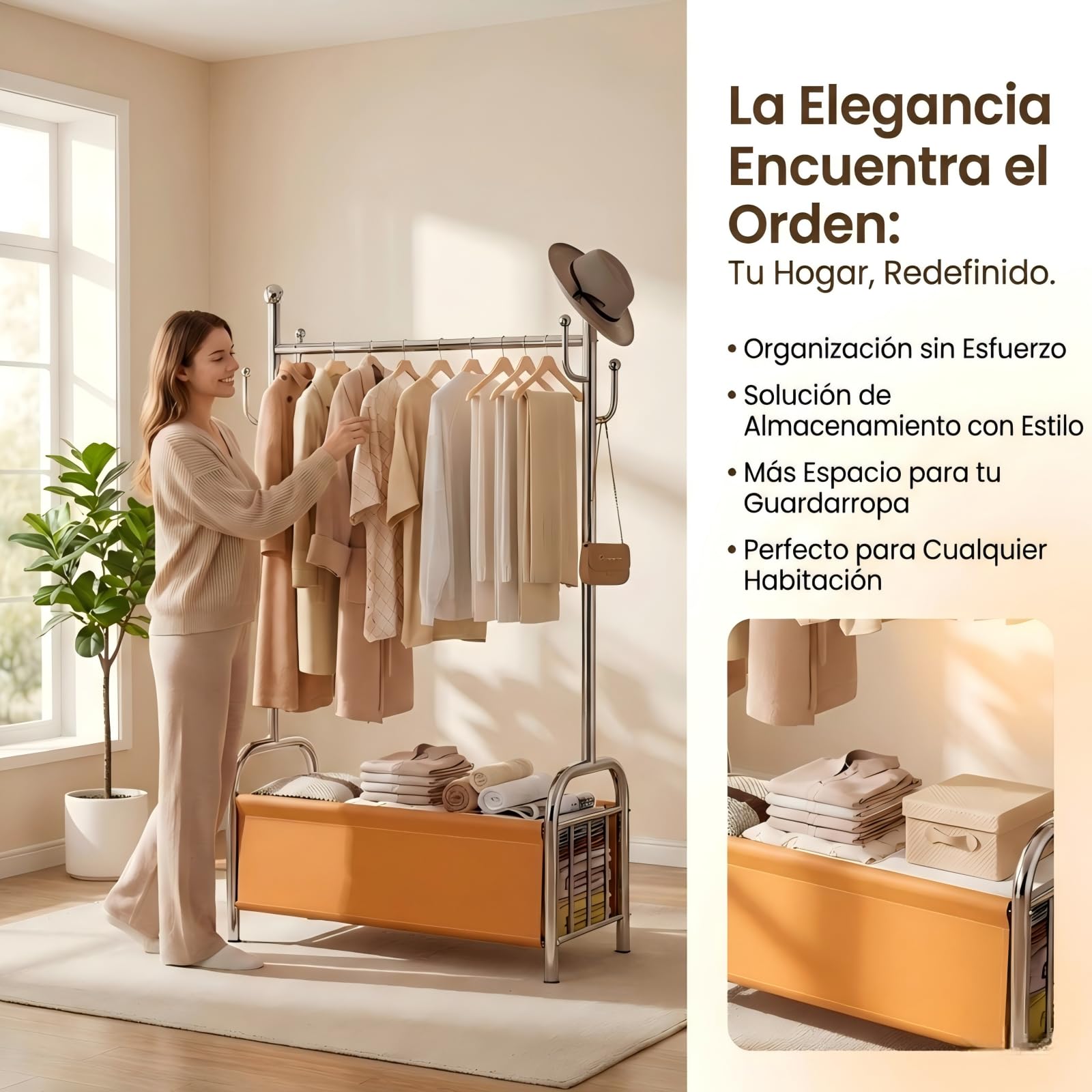 Burro Ropa Resistente de Acero Inoxidable con Cesta de Almacenaje, Perchero Burro Estable, Perchero de Pie, Barra para Ropa Robusta, 3 en 1 Tendedero y Organizador