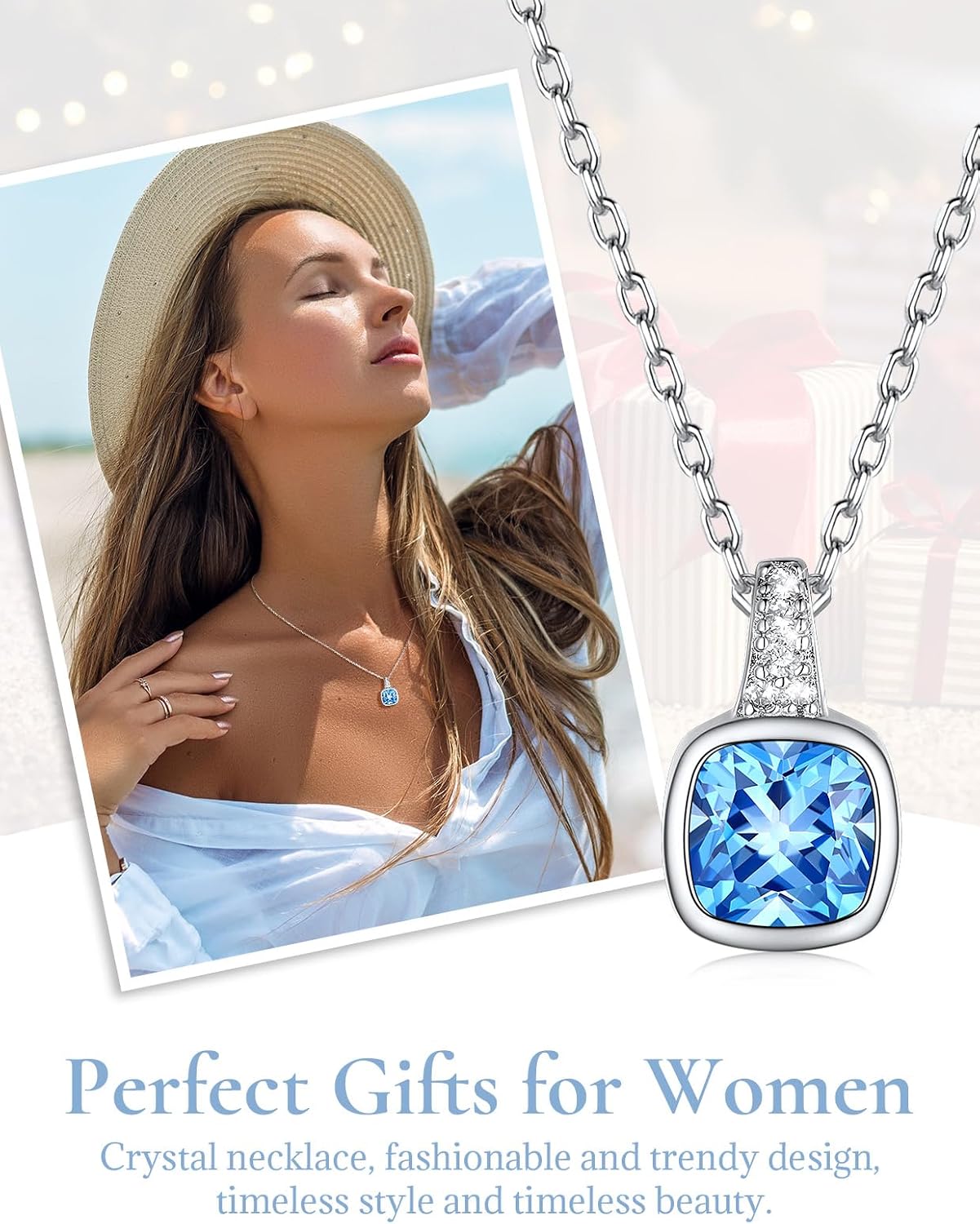 SILVERCUTE Birthstone Necklace, Sterling Silver Cushion Diamond Necklaces Square Cubic Zirconia Pendant Necklace for Women, Perfect Birthday/Anniversary/Wedding Gifts,18 Inch Chain