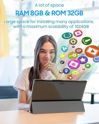 Vista 4 de Tablet ATOZEE 2 en 1 Android 14 con teclado de 10 pulgadas, incluye ratón, lápiz capacitivo y estuche, 6000mAh, 6GB RAM, 32GB ROM, 1024GB