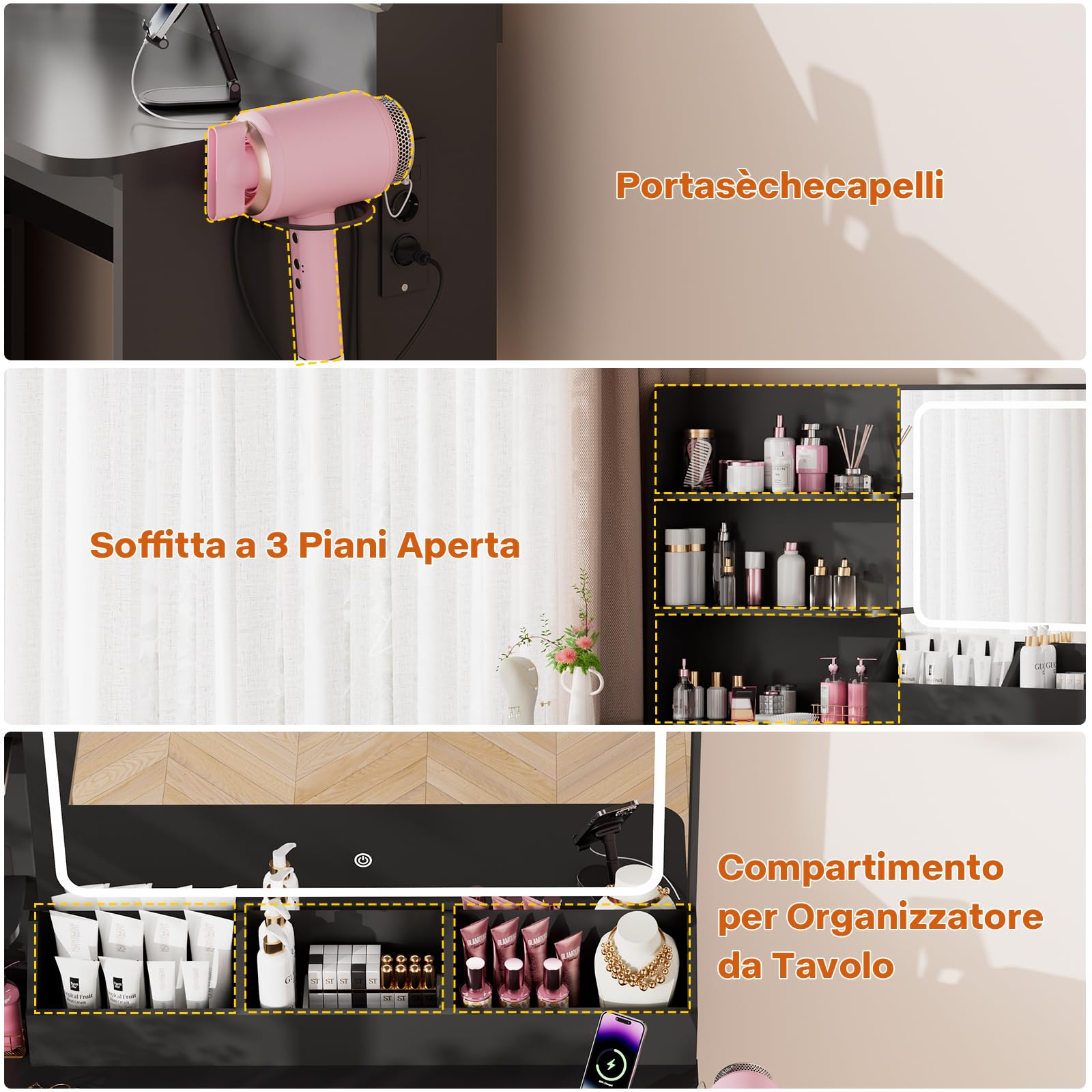 Airfish Toeletta Trucco con Luci LED e Sgabello, Angolare Tavolo da Trucco con Specchio,2 Porta USB e 5 Cassetti,Postazione Trucco Luminosità Regolabile (Nero)