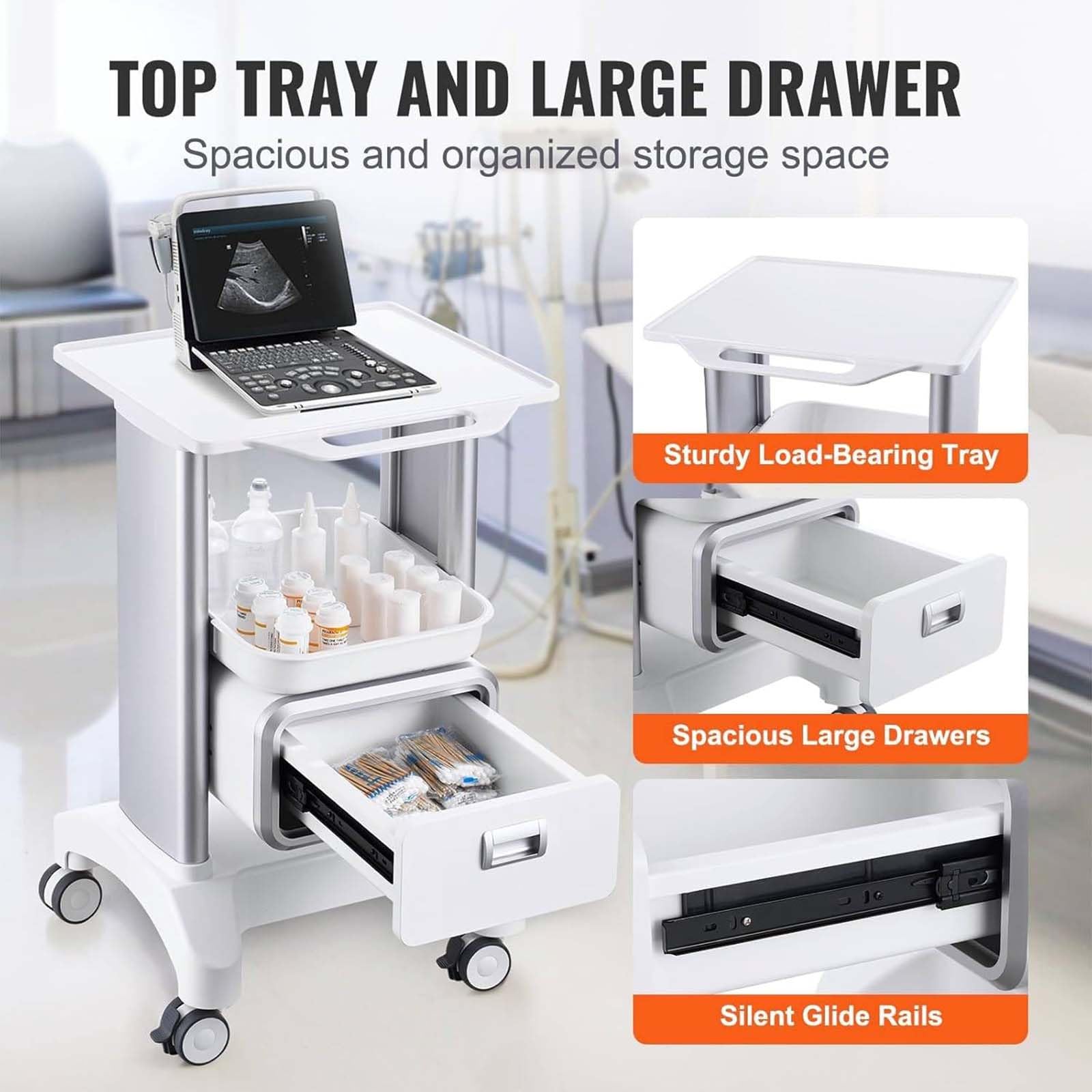 Carrello con ruote silenziose, in ABS, professionale, con cuscinetti antiscivolo, per ospedale, clinica, salone di bellezza, spa, ufficio e camera da letto