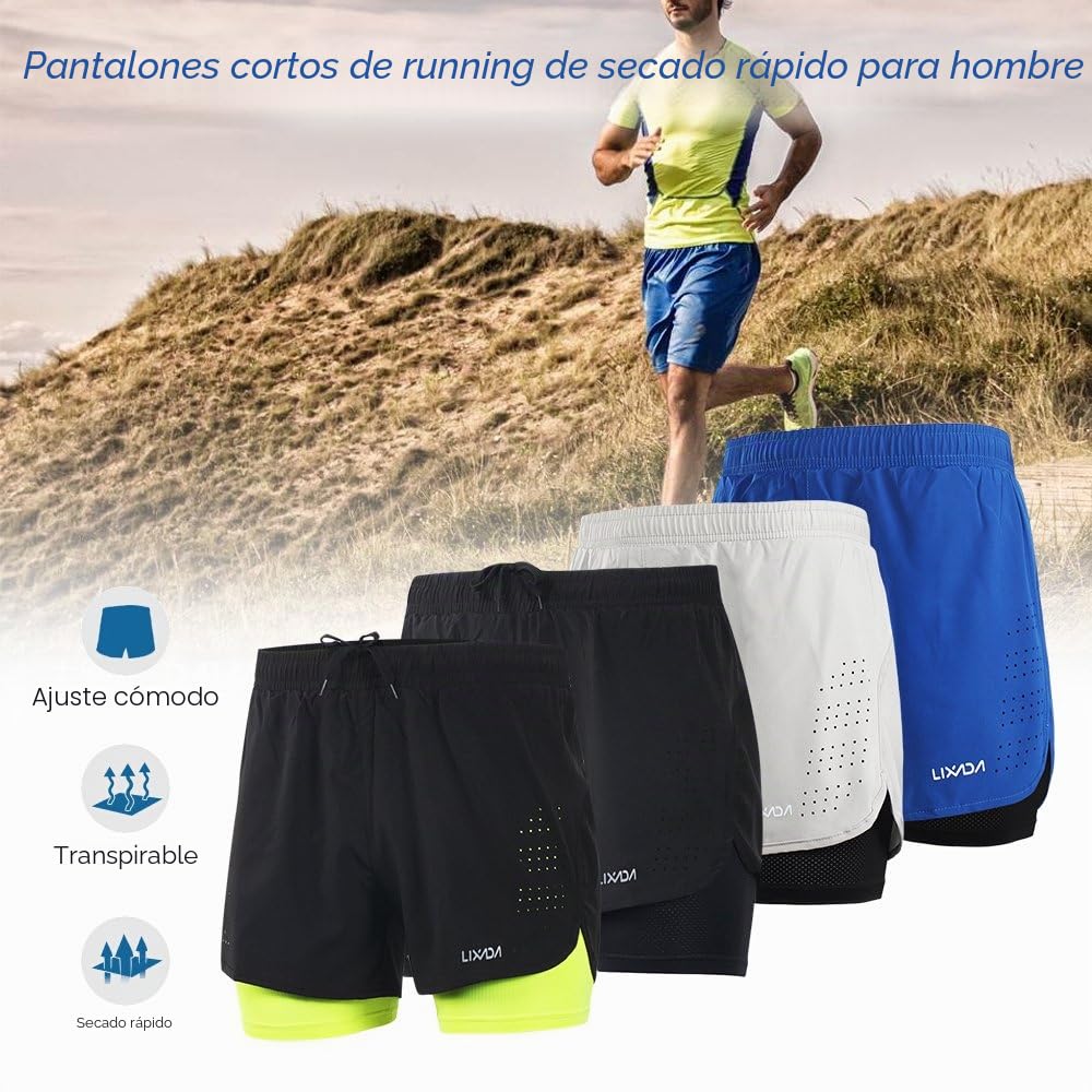 Lixada Pantalones Cortos de Running 2-en-1 para Hombres, Transpirables y de Secado Rápido