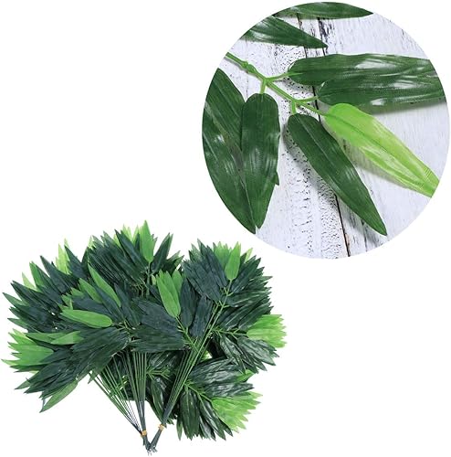 Miniatura 3 de OULII 50 hojas artificiales de bambú verde con hojas de vegetación para decoración del hogar, hotel, oficina