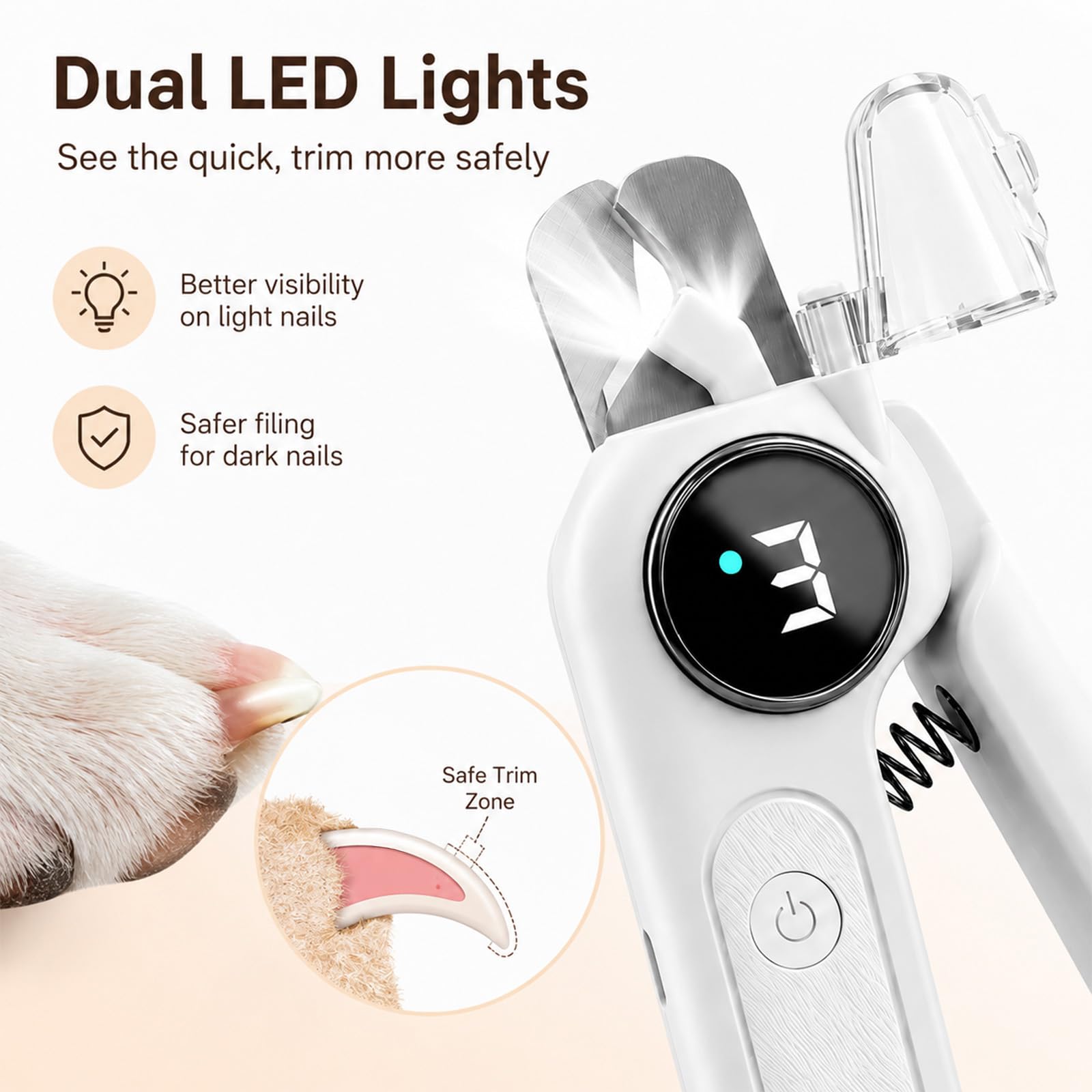 Tagliaunghie 2 in 1 per animali domestici, con luce LED, silenzioso, ricaricabile USB-C, per cani, gatti, cuccioli e gattini