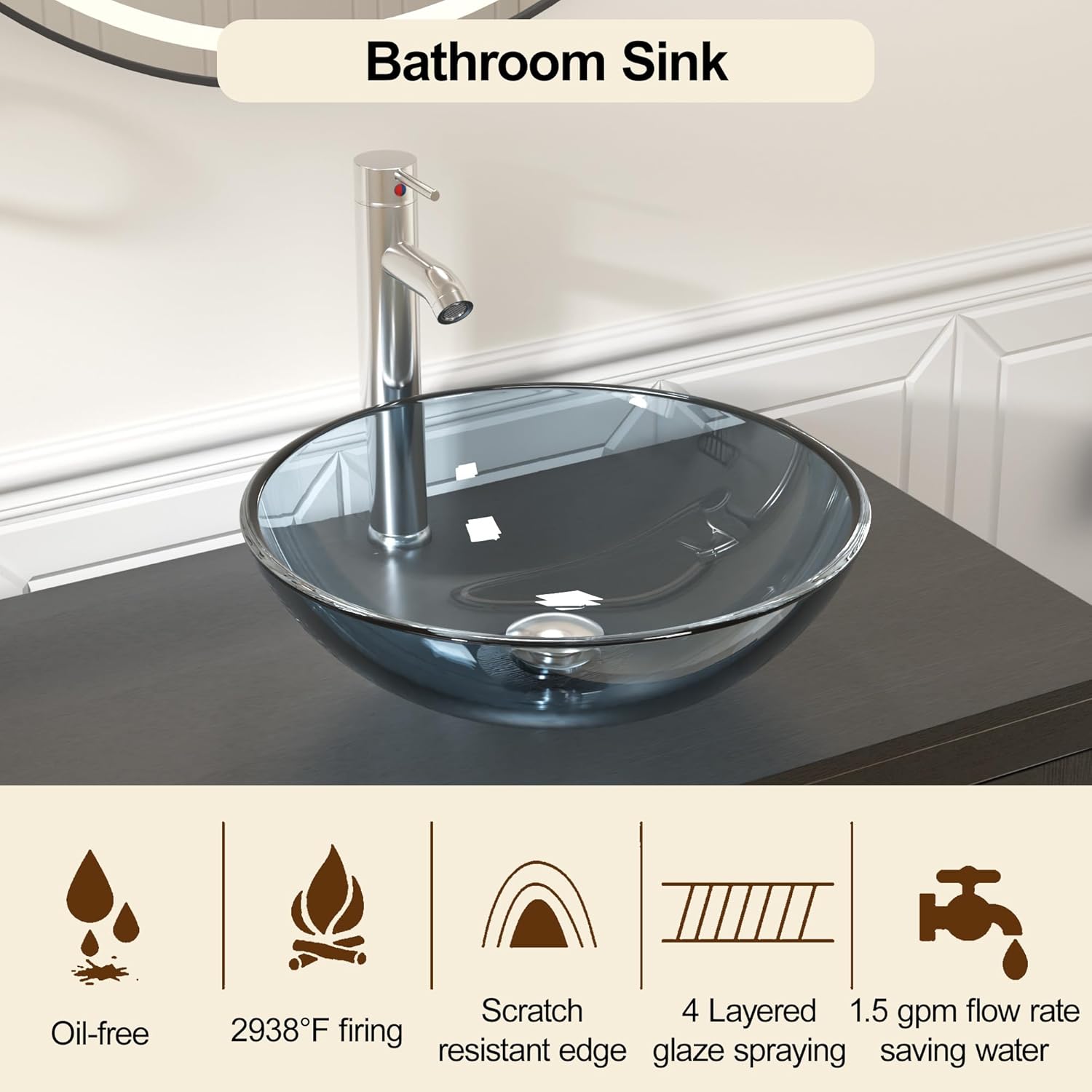 UEV 30" Bathroom Vanity with Sink Combo,Modern Freestanding Sink Cabinet with 3 Drawers,Stylish Bathroom Vanity Cabinet,Grooved Door,Metal Handles,Vessel Sink (Glass Round Bowl, 30''White)