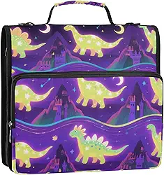 Fichário de desenho animado verde brilhante dinossauro 3,8 cm com zíper de 3,8 cm com alça e alça de ombro removível, organizador de fichários escolares para estudantes do ensino médio gestor de