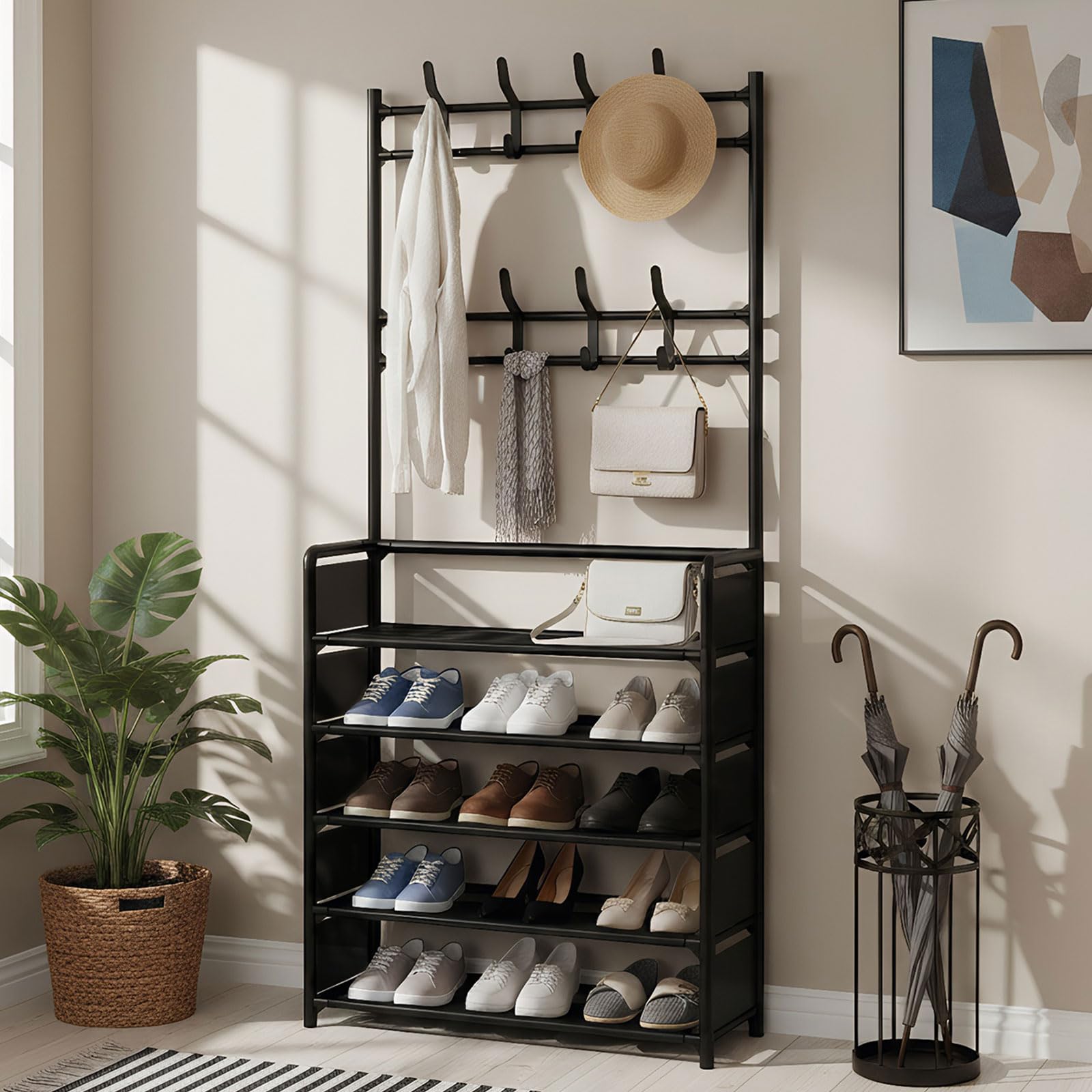 MAXALANCE Coat Rack with Shoe Rack 5 Tiers 169 cm - Shoe Storage Organizer with Hooks, Coat Stand for Hallway, Freestanding Shoe Shelf for Entryway Small Space, Black