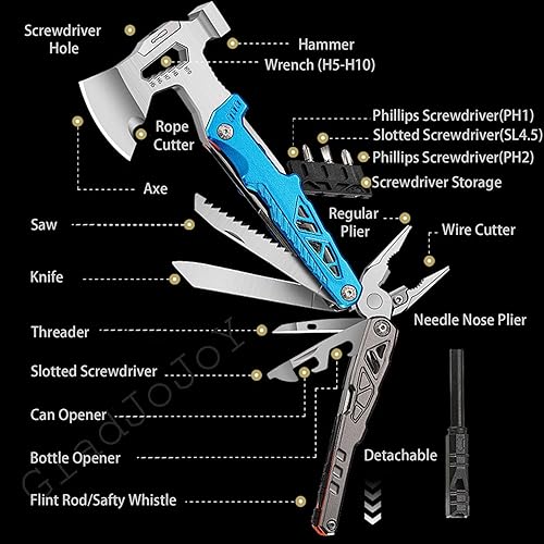 Miniatura 2 de Hacha de camping multiherramienta 17 en 1, plegable para acampar esenciales, equipo de supervivencia con cuchillo, llave ajustable, martillo,