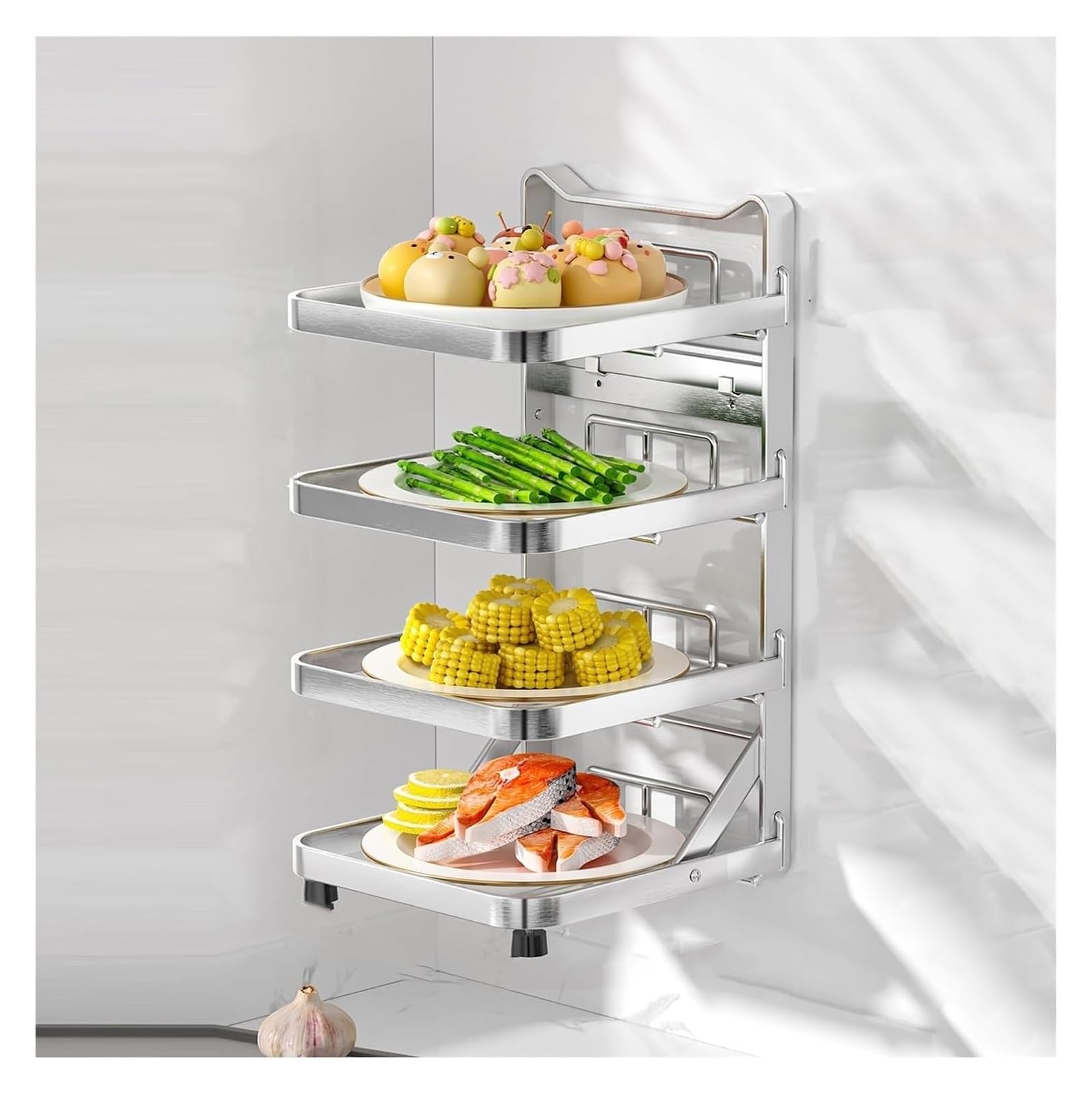 WOTZOV 4-Tier Wall Mounted Food Sorting Tray, Vegetable And Fruit Organizer - Space-Saving Cooking Plates For Kitchen Storage And Meal Prep