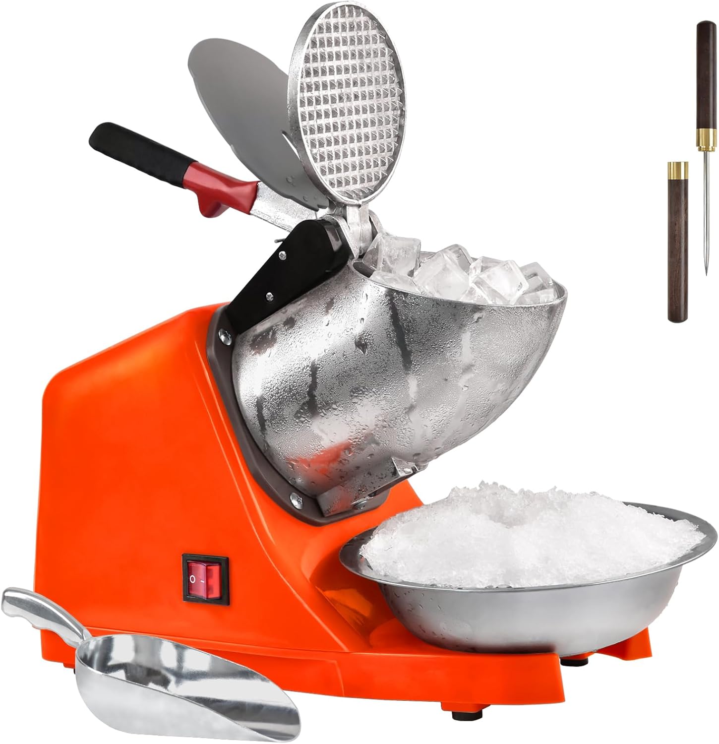 Electric Shaved Ice Machine,with Ice Pick and Scoop,3 Blades of Electric Snow Cone Machine(300W 2200r/min),Splash Proof Ice Shaver Machine,Ice Crusher Machine for Home Commercial Use (Orange)