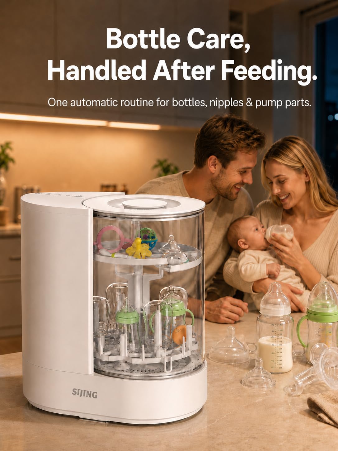 SIJING Baby Bottle Washer, Sterilizer and Dryer with Visible Glass Chamber, 4-in-1 Automatic Bottle Cleaner for Bottles, Nipples, Pacifiers & Breast Pump Parts