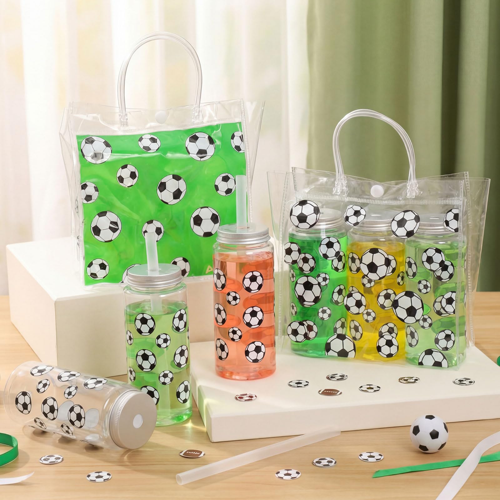 Reallnaive 24 bolsas de regalo de PVC transparentes de 7.9 x 7.9 x 3.5 pulgadas y botellas deportivas de plástico transparente reutilizables de 14.7 onzas con tapa y popote para regalos de equipo