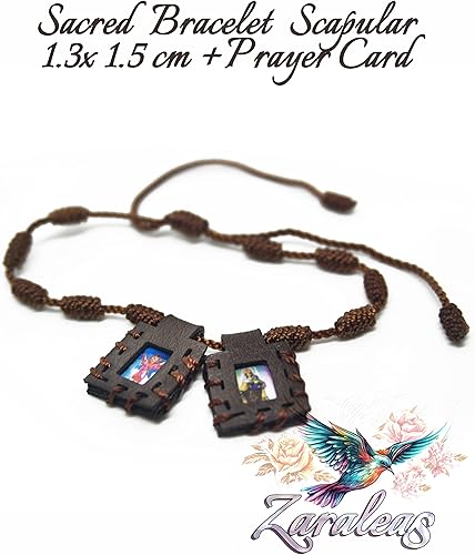 Miniatura 5 de Pulsera Sagrada Escapularia Católica de Cuero Marrón Hecho a Mano del Sagrado Corazón de Jesús, Sagrada Virgen del Carmen, Sagrada Virgen de