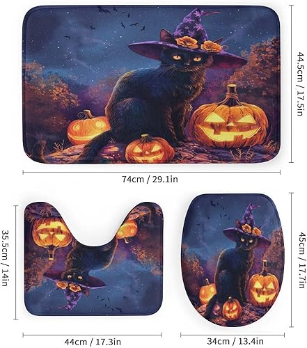 Miniatura 3 de Juego de 4 cortinas de ducha divertidas con diseño de gato, calabaza, luna, con alfombras, tapa de inodoro y tapete de baño, farol de Halloween,