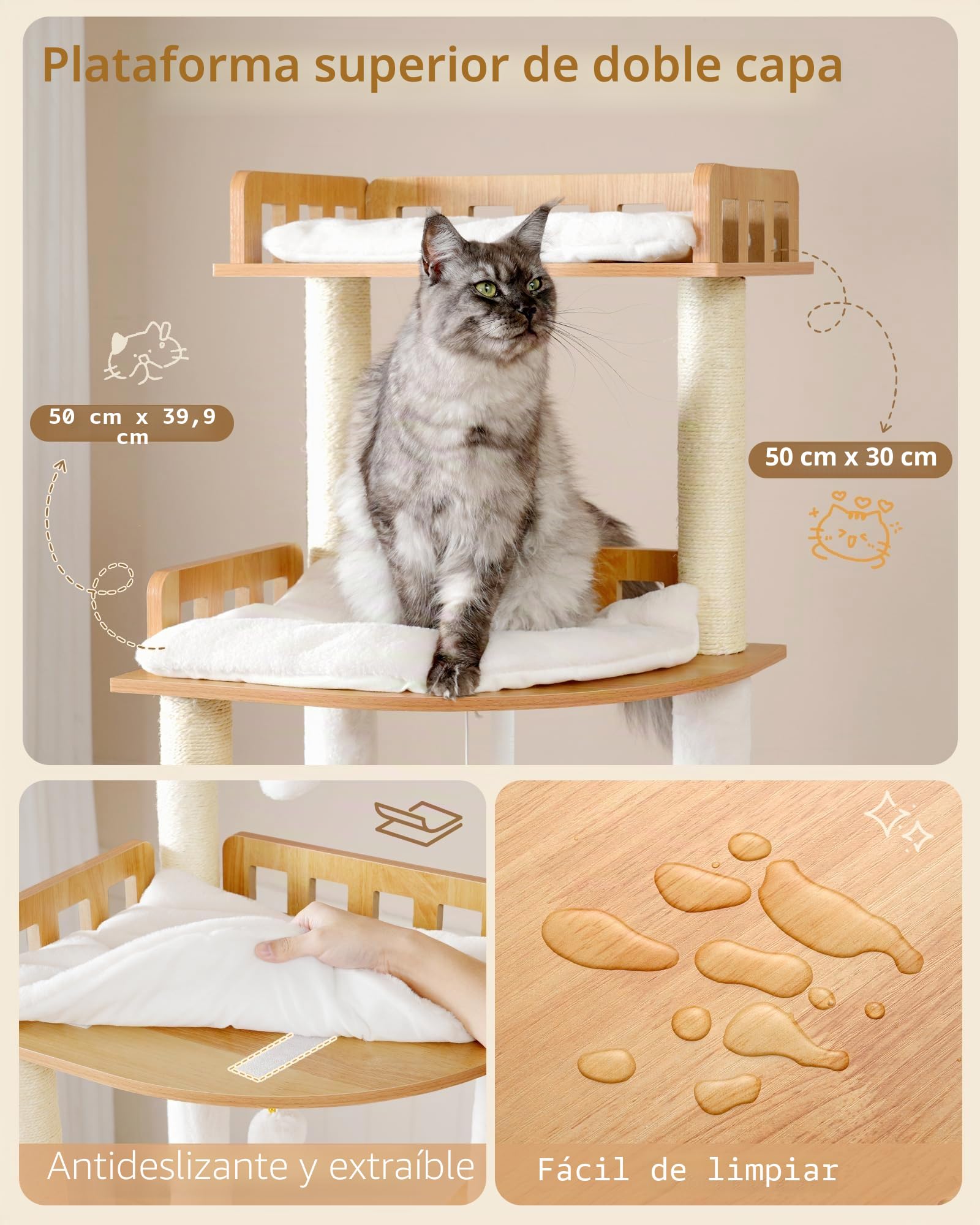 Heybly Árbol rascador para Gatos en Madera, 179 cm de Altura, con Plataforma Grande, Postes Rascadores de Sisal, Casita para Gatos y Hamaca, Construcción Robusta, Montaje Sencillo, Nogal HCT121WB