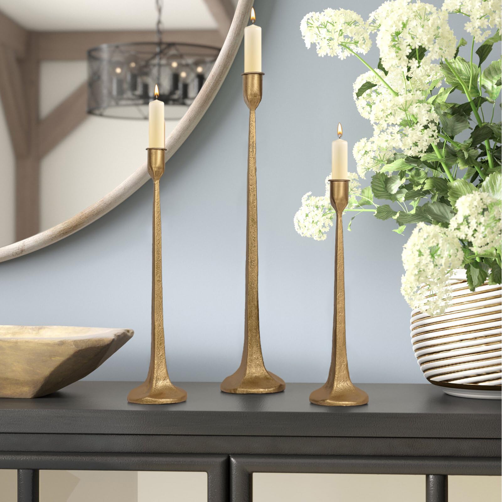 Set di 3 portacandele in ferro, alti e decorativi, per matrimoni, tavolo da pranzo, decorazioni per feste (ottone anticato)