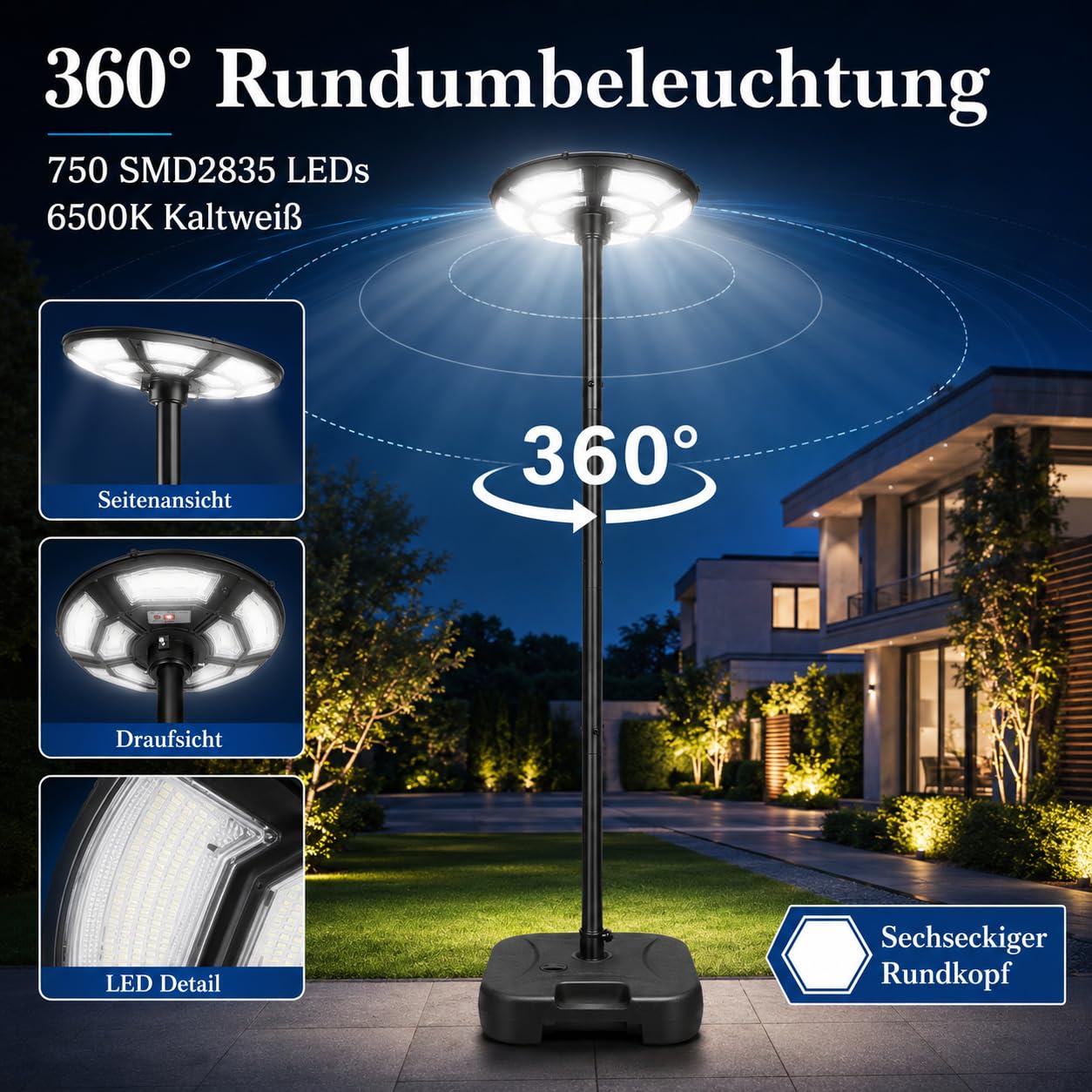 Lampada da strada solare per esterni, 750 SMD2835, 6500 K, IP67, impermeabile, con sensore di movimento, per cortile, garage, parcheggio, con base riempibile d'acqua